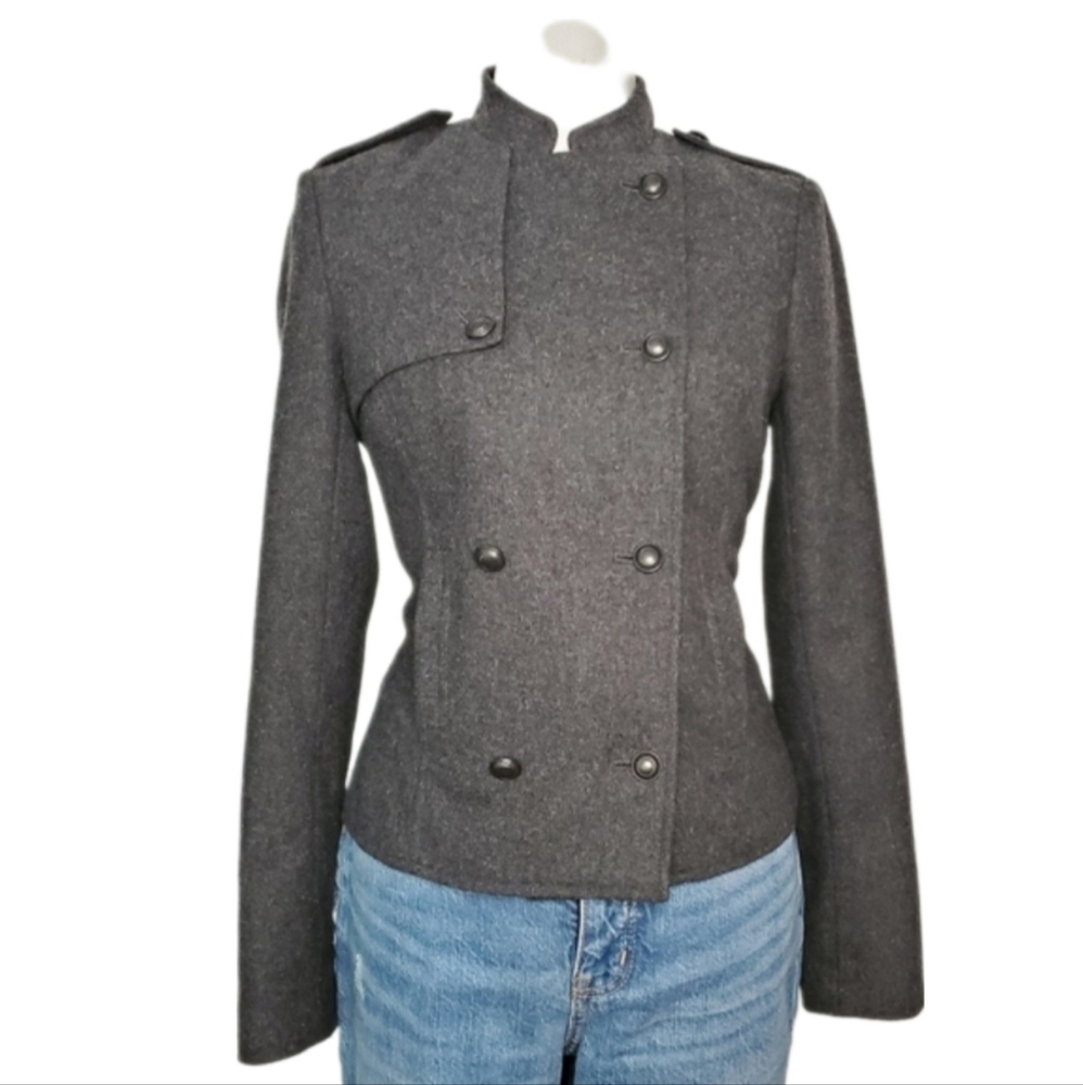 Banana Republic Crop Gray Wool Jacket Double- Breasted Banded Collar Size 2
